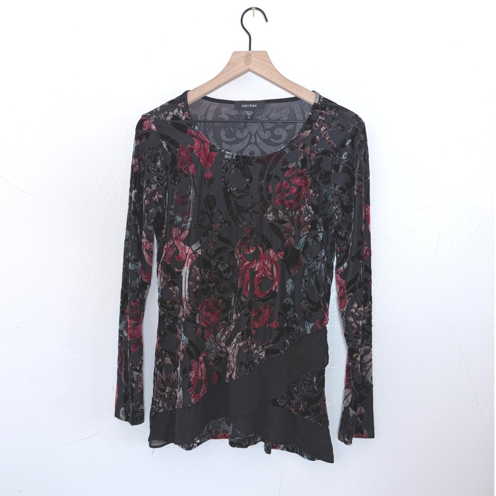 Karen Kane Burnout Velvet Floral Asymmetrical Top S Whimsigoth Made USA